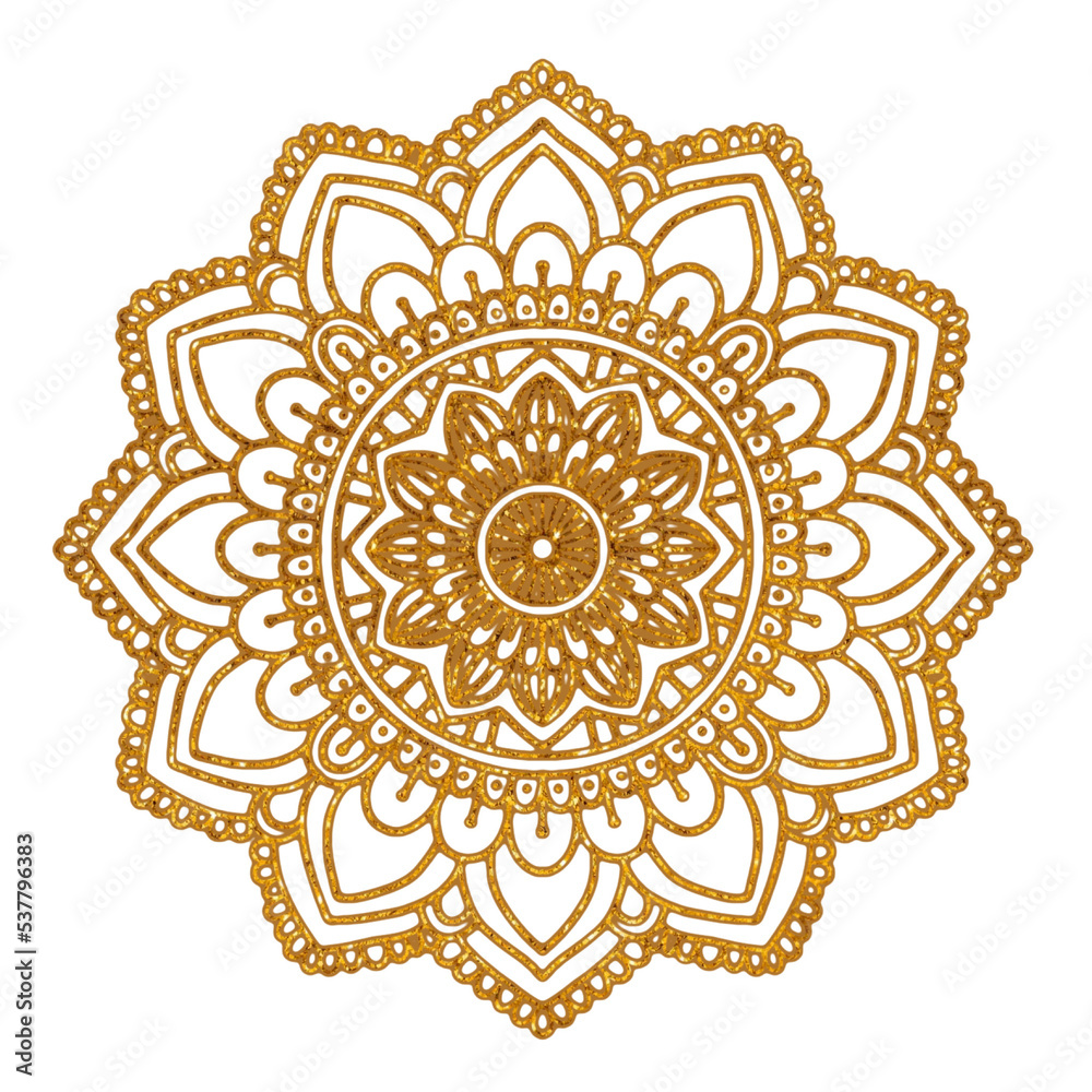 Mandala, floral illustration, icon. Gold texture. 
