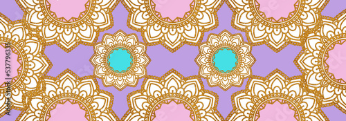 Mandala pattern with violet background. Ramadan, yoga, wedding, Holiday template.Gold glitter texture.