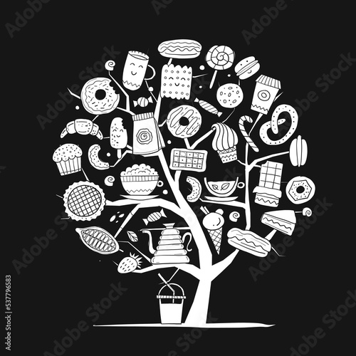 Coffee shop menu elements. Art tree concept. Desserts and sweets. Hand drawn ...