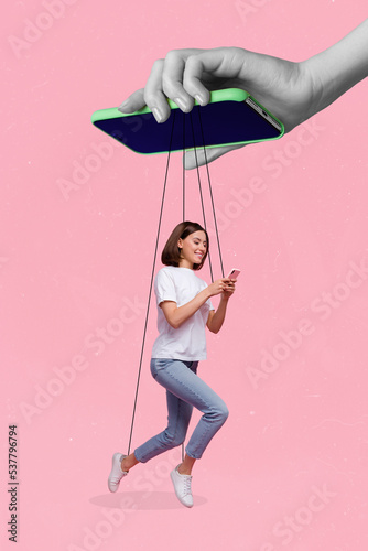 Collage photo of young adorable pretty woman wear casual clothes ropes hold smartphone manipulation doll absurd isolated on bright pink color background photo
