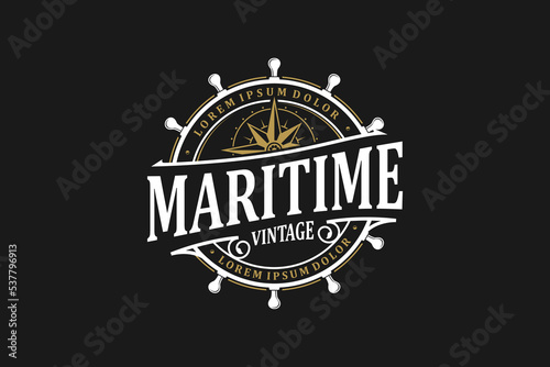 Print op canvas Maritime nautical logo design rounded shape steering wheel ship icon symbol wind