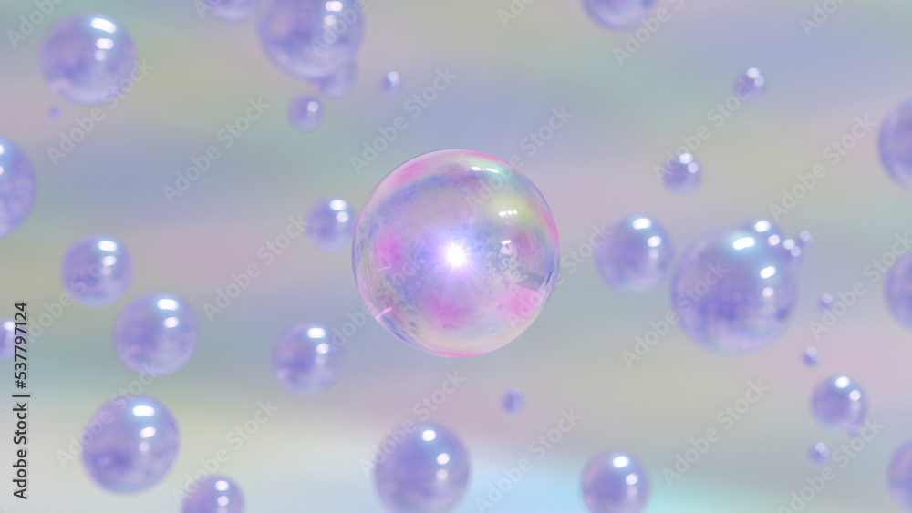 3D rendering Cosmetics Multicolor Serum bubbles on defocus background. Collagen bubbles Design. Moisturizing Essentials and Serum Concept. Vitamin for personal care and beauty concept. 