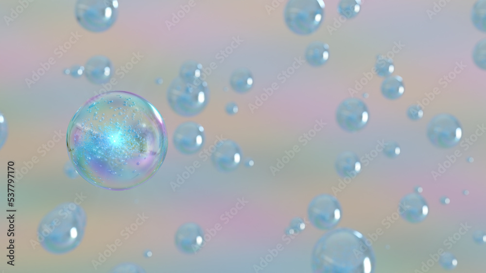 3D rendering Cosmetics Serum bubbles on defocus background. Collagen bubbles Design. Moisturizing Cream and Serum Concept. Vitamin for personal care and beauty concept. 