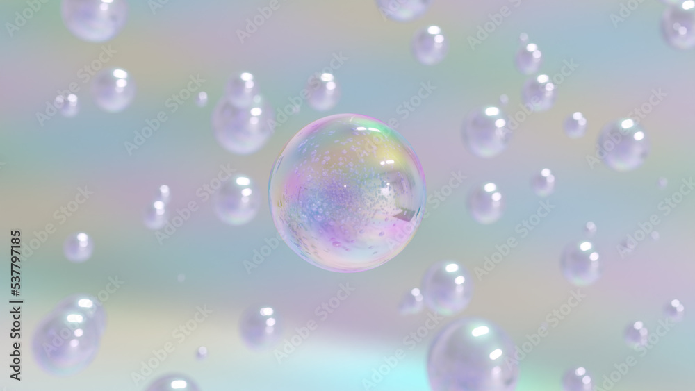 Cosmetics Serum bubbles on defocus background. Collagen bubbles Design. Moisturizing Essentials and Serum Concept. Vitamin for personal care and beauty concept. 3D rendering 