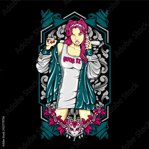 girl holding baseball bat illustration