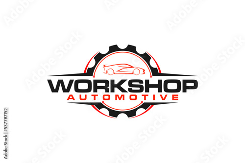 Automotive workshop car garage logo design with gear icon symbol speed shop illustration