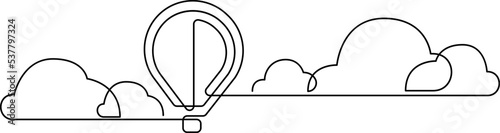 Hot air balloon floating in the sky among clouds in one line drawing style. Continuous line art. Vector illustration.