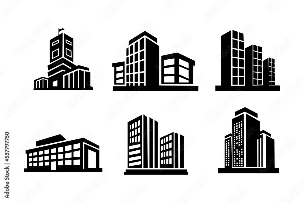 Perspective building and company icon on white background, Vector bank and office collection, Black edifice and residential, Set apartment and condo illustration