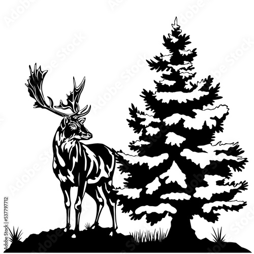 vector illustration of a black deer looking from the side next to a snowy pine or spruce  perfect for a logo  mascot. Christmas element vector
