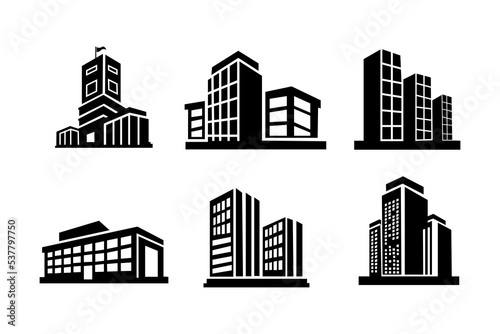 Perspective building and company icon on white background  Vector bank and office collection  Black edifice and residential  Set apartment and condo illustration