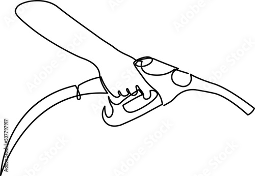 Hand holding refueling gun. Petrol pump in continuous line drawing style. Vector illustration.