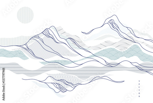 Nature art oriental Japanese style vector abstract background, runny like water shapes and lines with textures.