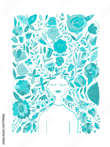 Floral female portrait, pretty woman with floral hairs. Design for fashion ca...