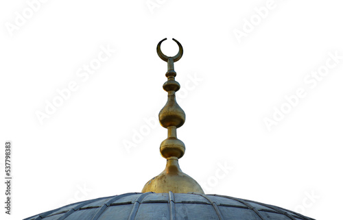 mosque dome and golden alem isolated on clean blue sky photo