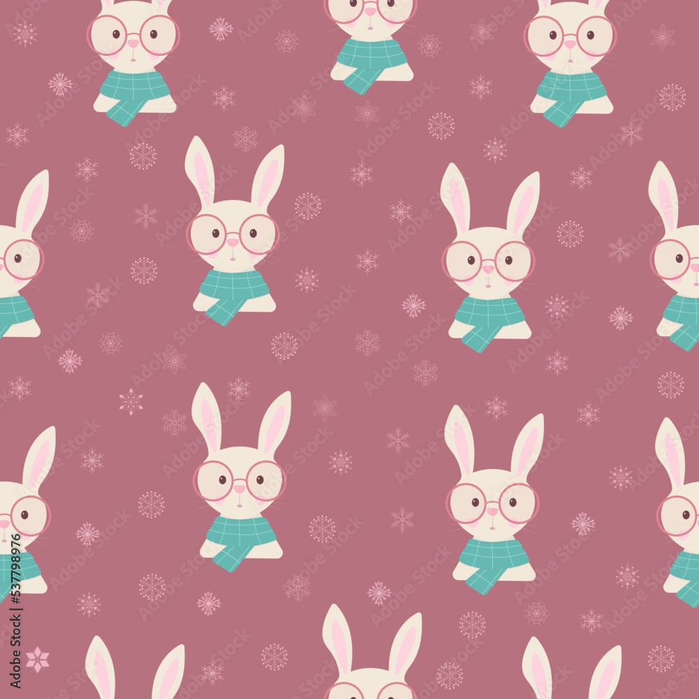 Pattern with cute bunny in glasses with scarf and snowflakes on dark pink background Pattern with cute bunny in glasses with scarf and snowflakes on dark pink background