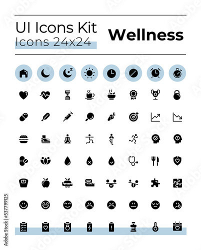 Health and wellness black glyph ui icons set. Wellbeing. Silhouette symbols on white space. Solid pictograms for web, mobile. Isolated vector illustrations. Montserrat Bold, Light fonts used