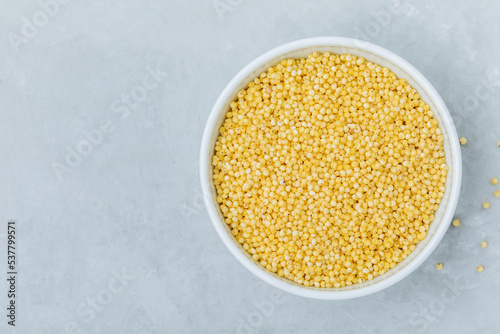 Millet. Organic raw dry Millet grains in bowl on gray stone background