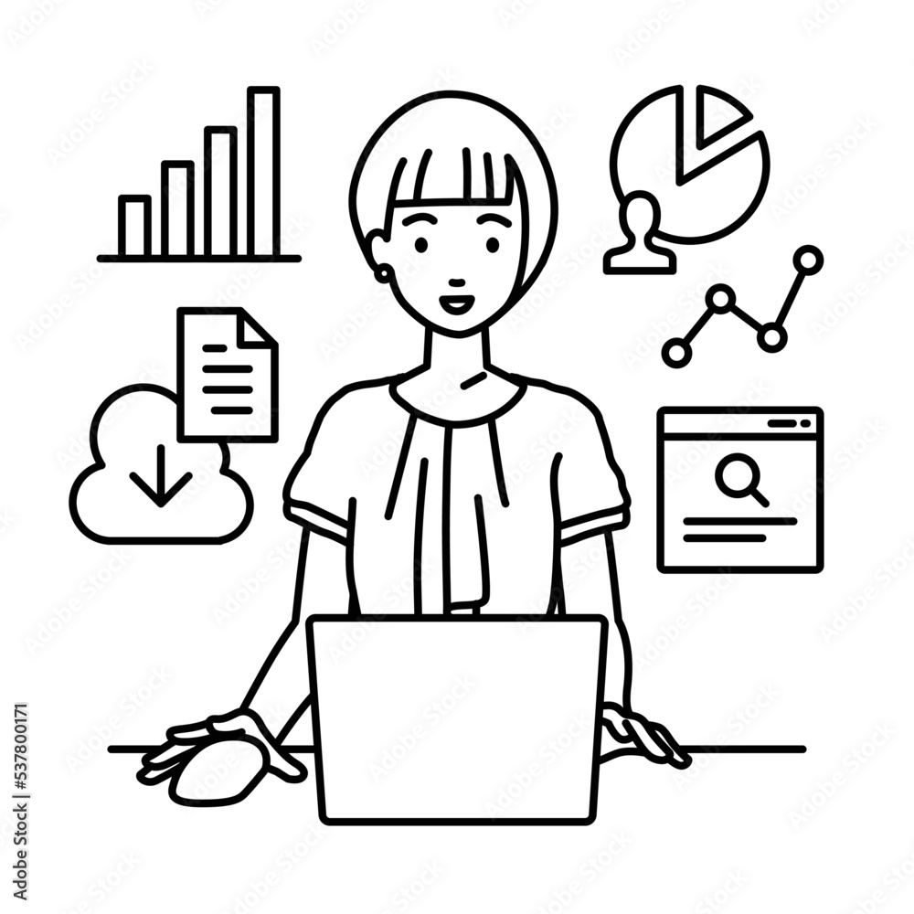 デスクでPCを前にリサーチ・データ分析・レポート作成をしているオフィスカジュアルの女性