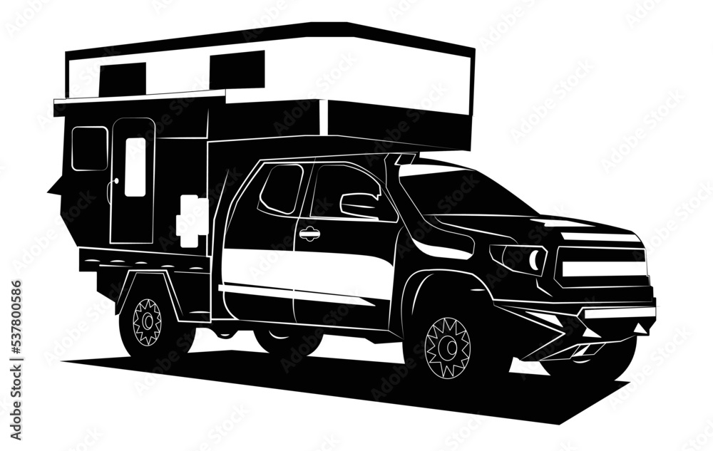 A campervan isolated on a white background, featuring the silhouette of an RV camper trailer truck, all in white.