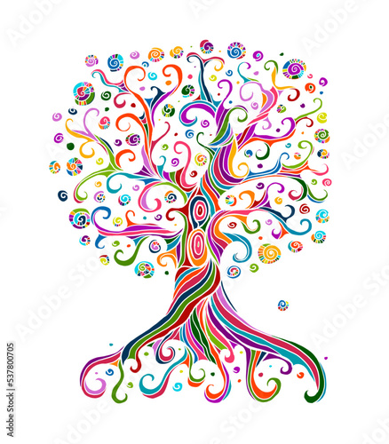 Old big family tree with roots. Isolated on white background. Concept Art for your design. Design interior ideas.
