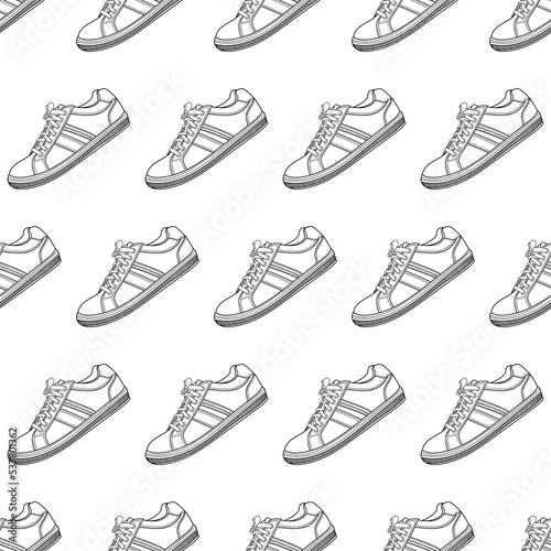 Trendy pattern with fashion classic hand drawn sneakers shoes on a white background, front view. The concept of minimalism, beauty and fashion. Vector outline doodle illustration.