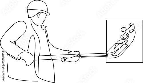 A worker insert a coal inside the engine. Continuous line drawing. Vector illustration.