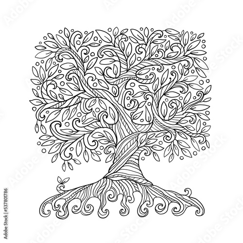 Old big family tree with roots. Isolated on white background. Concept Art for...