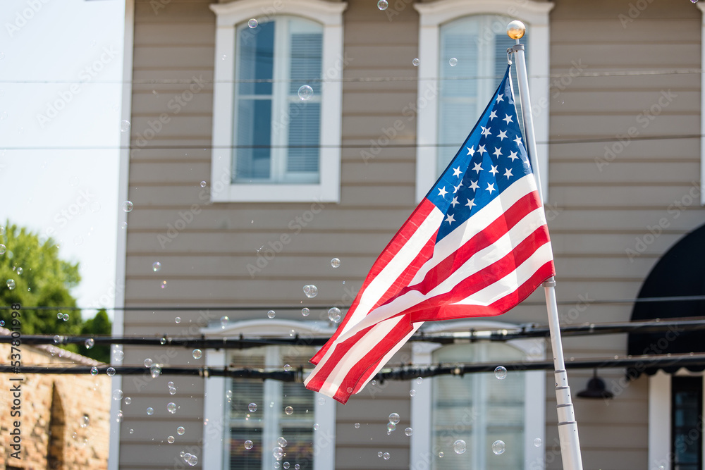 American Flag, Fourth of July Parade, United States of America, Small Town Parade with spectators in background