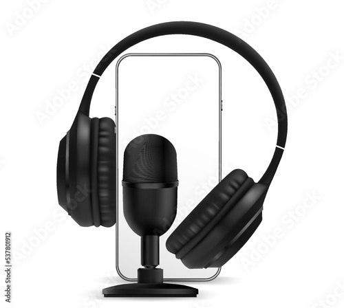 Podcast audio equipment. Audio microphone, sound headphones, podcast application on mobile smartphone screen. Recording sound voice on dark background. Live online radio player mockup banner.