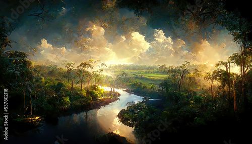 AI generated image of a river flowing through a thick Amazon rain forest  © Amith