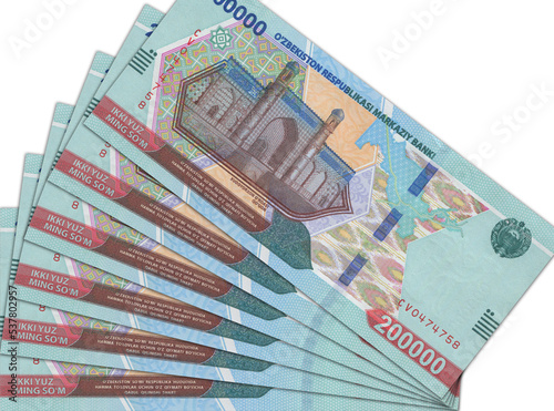Paper money from Uzbekistan. Uzbekistani soum. Close up banknotes from Uzbekistan