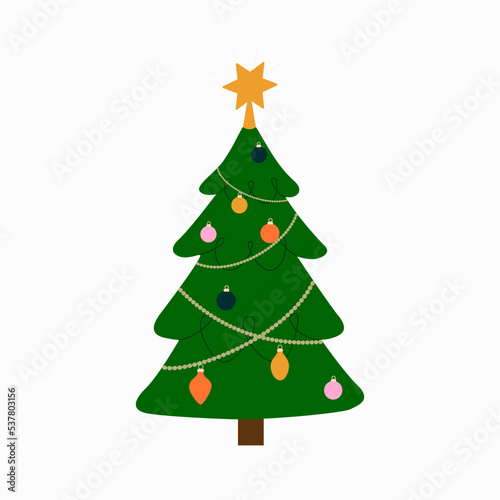 Christmas tree isolated. Flat style cartoon vector illustration.