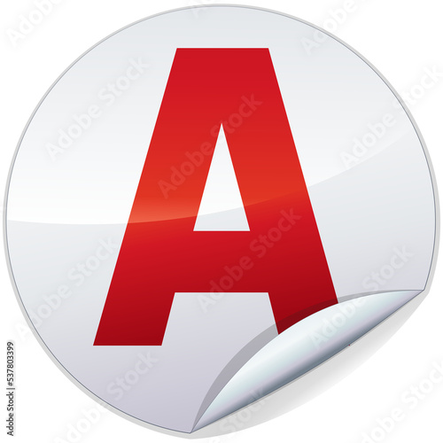 White round sticker with the letter A written in red indicating the presence of a vehicle for which the driver has a probationary license (metal reflection)