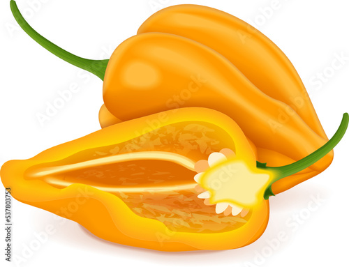 Whole and half of yellow habanero chili peppers. Capsicum chinen