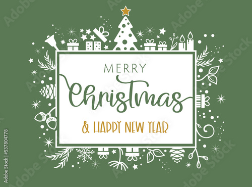 Merry Christmas lettering with ornaments and decoration - green- golden - white