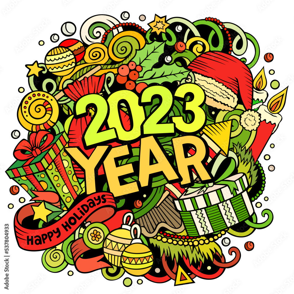 2023 doodles illustration. New Year objects and elements poster