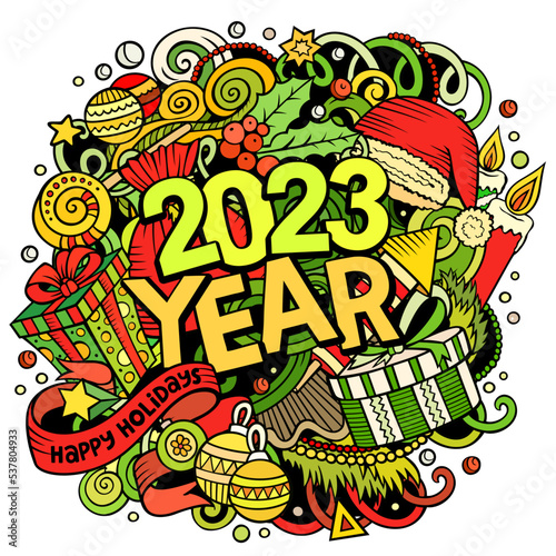 2023 doodles illustration. New Year objects and elements poster