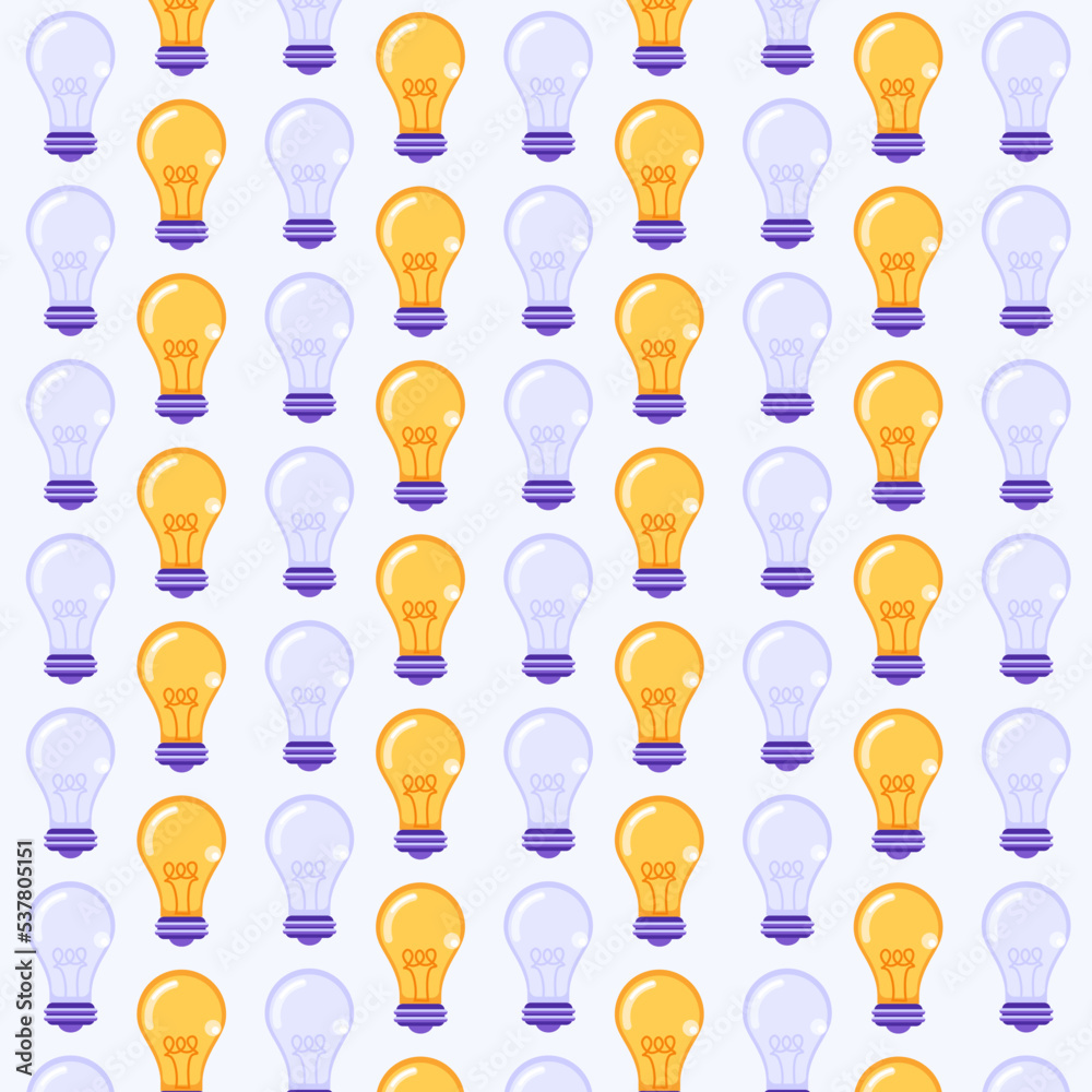Seamless pattern with bulb lamp icons on purple background for poster, banner, wallpaper. Wrapping Paper Pattern, scrapbook patterns, textile and other design. Light on and off Seamless pattern with bulb lamp icons on purple background for poster, banner, wallpaper. Wrapping Paper Pattern, scrapbook patterns, textile and other design. Light on and off