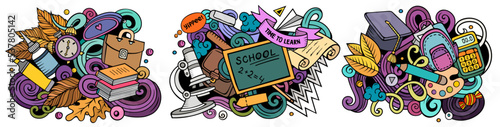 School cartoon vector doodle designs set.