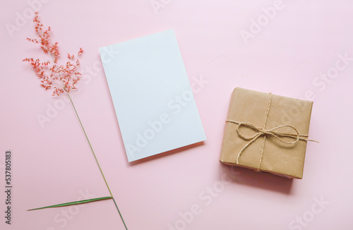 white blank card , gift box grass flower on pink background © Aree