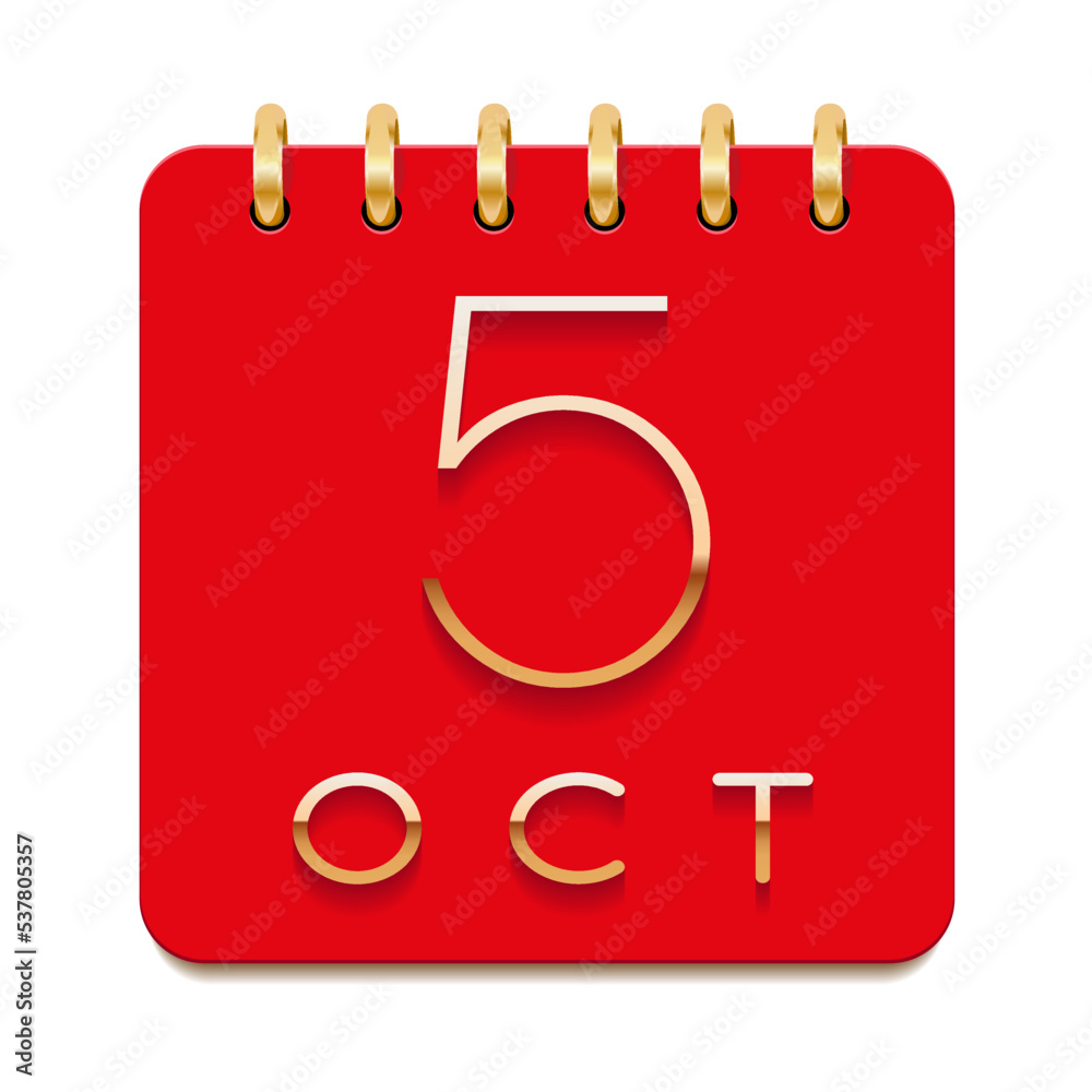 5 day of the month. October. Luxury calendar daily icon. Date day week Sunday, Monday, Tuesday, Wednesday, Thursday, Friday, Saturday. Gold text. Red paper. Vector illustration. 5 day of the month. October. Luxury calendar daily icon. Date day week Sunday, Monday, Tuesday, Wednesday, Thursday, Friday, Saturday. Gold text. Red paper. Vector illustration.