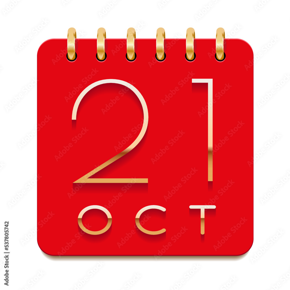 21 day of the month. October. Luxury calendar daily icon. Date day week Sunday, Monday, Tuesday, Wednesday, Thursday, Friday, Saturday. Gold text. Red paper. Vector illustration. 21 day of the month. October. Luxury calendar daily icon. Date day week Sunday, Monday, Tuesday, Wednesday, Thursday, Friday, Saturday. Gold text. Red paper. Vector illustration.