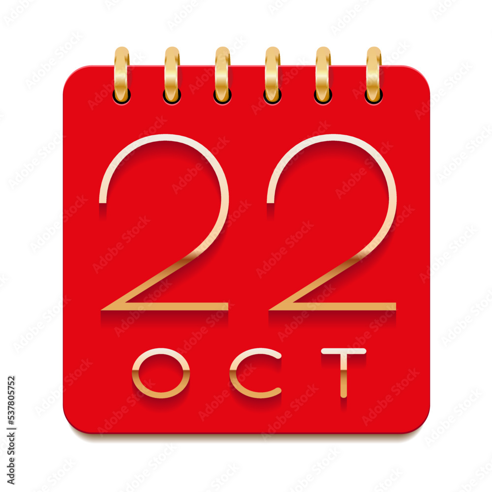 22 day of the month. October. Luxury calendar daily icon. Date day week Sunday, Monday, Tuesday, Wednesday, Thursday, Friday, Saturday. Gold text. Red paper. Vector illustration.