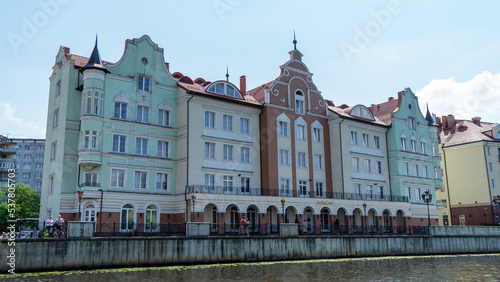 Residential multi-storey buildings in Fishing village, Kaliningrad, Russia. Embankment of Pregolya River. Views of city and streets of Kaliningrad