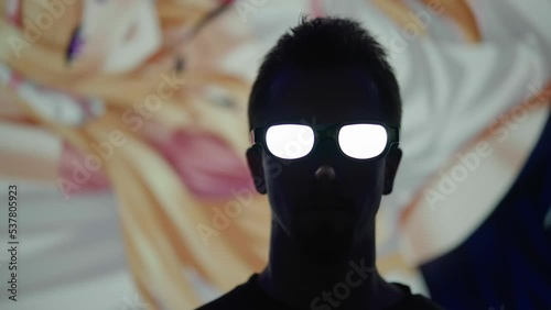 Real life anime protagonist with glowing glasses walk into frame 4K