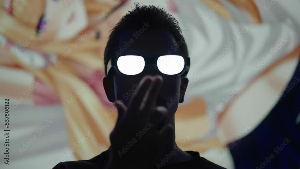 Anime villain protagonist put on glowing glasses with anime girl in