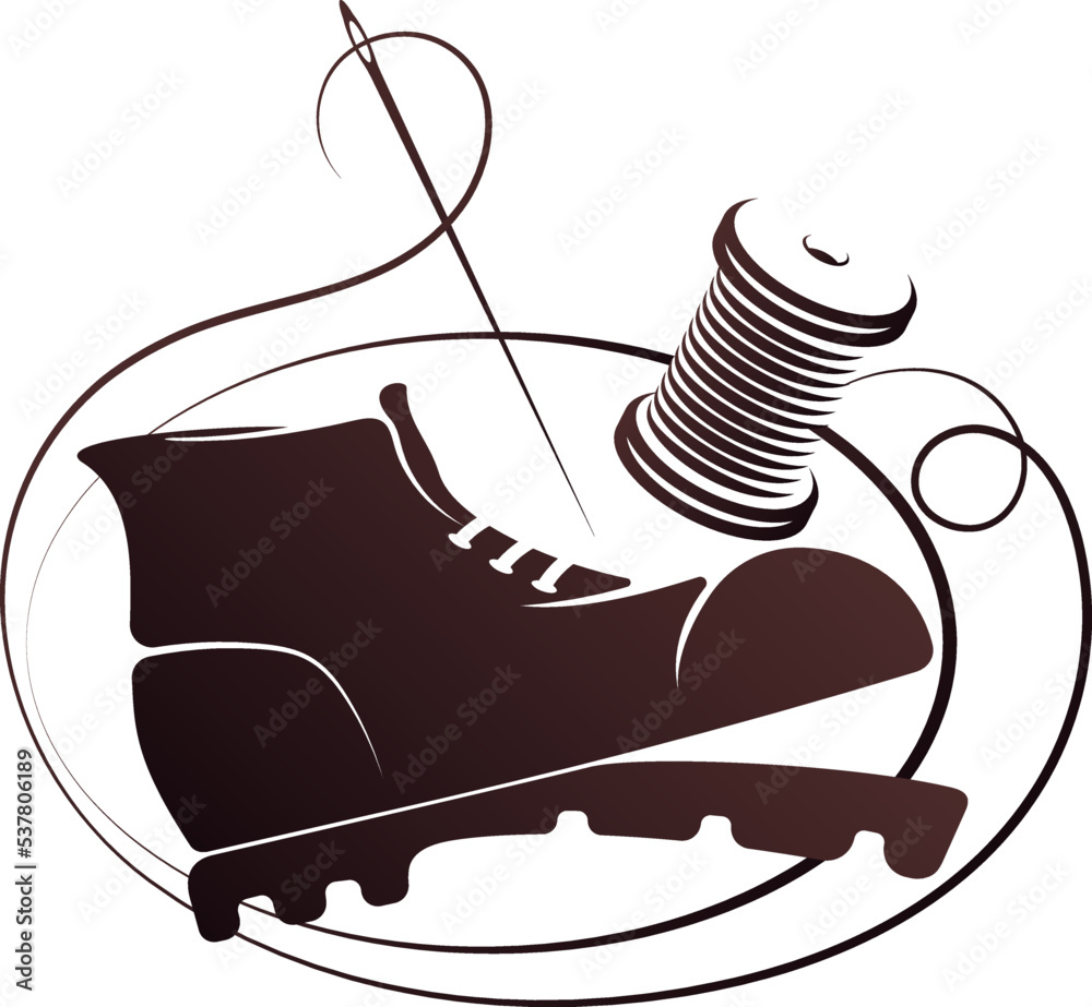 Shoe spool of thread and needle. Repair tailoring shoes symbol for shoemaker