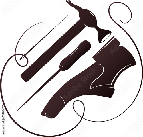 Symbol shoemaker repair and tailoring. Needle with thread hammer and awl tool silhouette