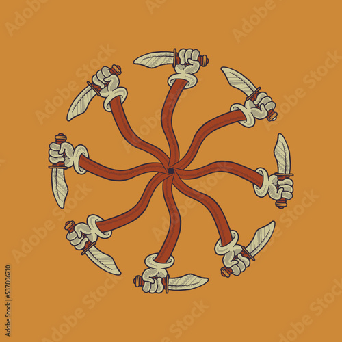 Cartoon pattern of hand holding a knife cycles with retro style