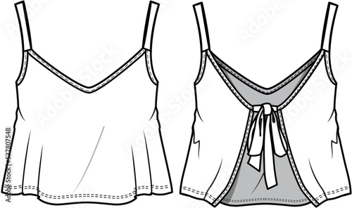 Strappy Crop Top with Back Knot Front and Back View. Fashion Illustration, Vector, CAD, Technical Drawing, Flat Drawing, Template, Mockup.